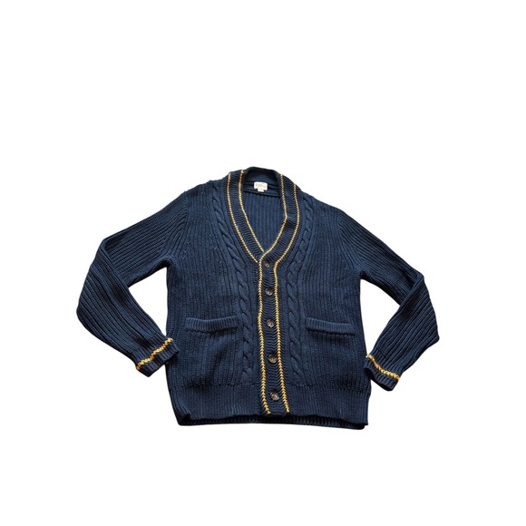 J Crew Mens Navy Cable Knit Cardigan Sweater Organic Cotton Size S Varsity - Picture 2 of 11